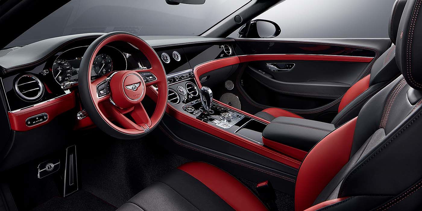 Bentley Newcastle Bentley Continental GTC S convertible front interior in Beluga black and Hotspur red hide with high gloss carbon fibre veneer