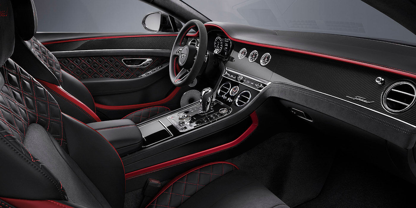Bentley Newcastle Bentley Continental GT Speed coupe front interior in Beluga black and Hotspur red hide