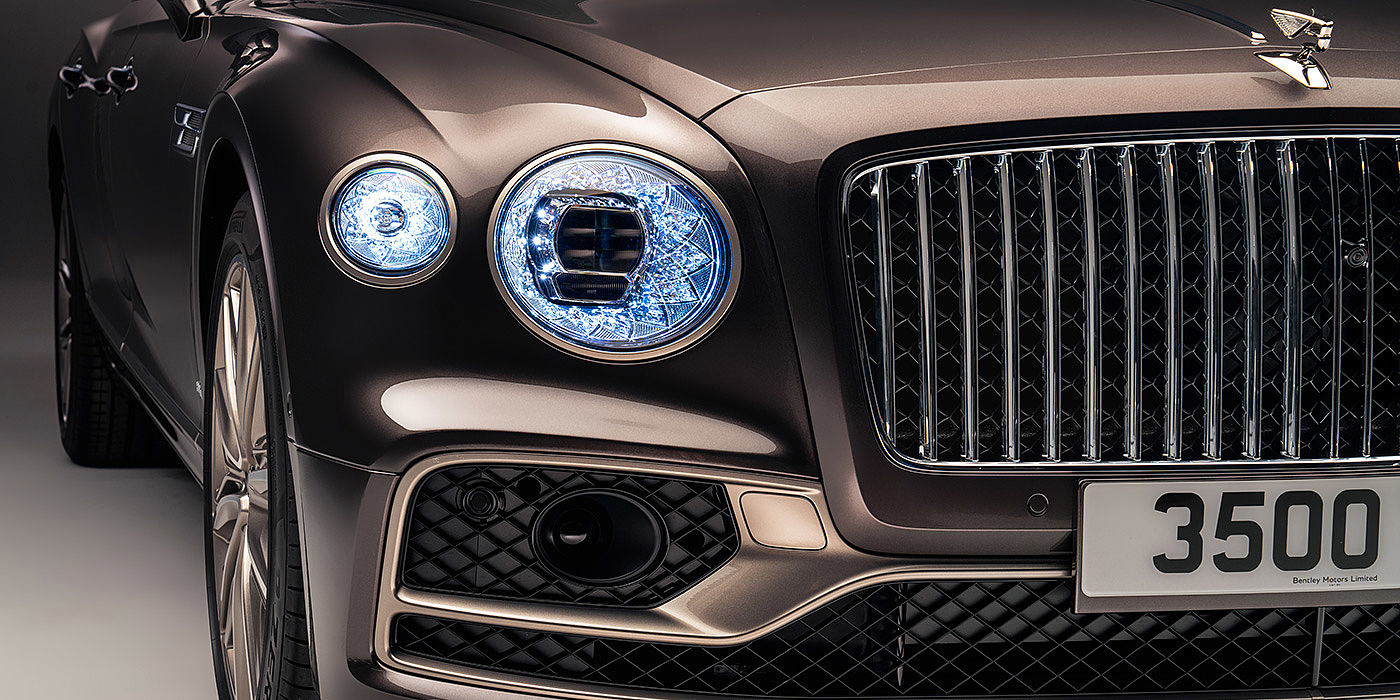 Bentley Newcastle Bentley Flying Spur Odyssean sedan front grille and illuminated led lamps with Brodgar brown paint