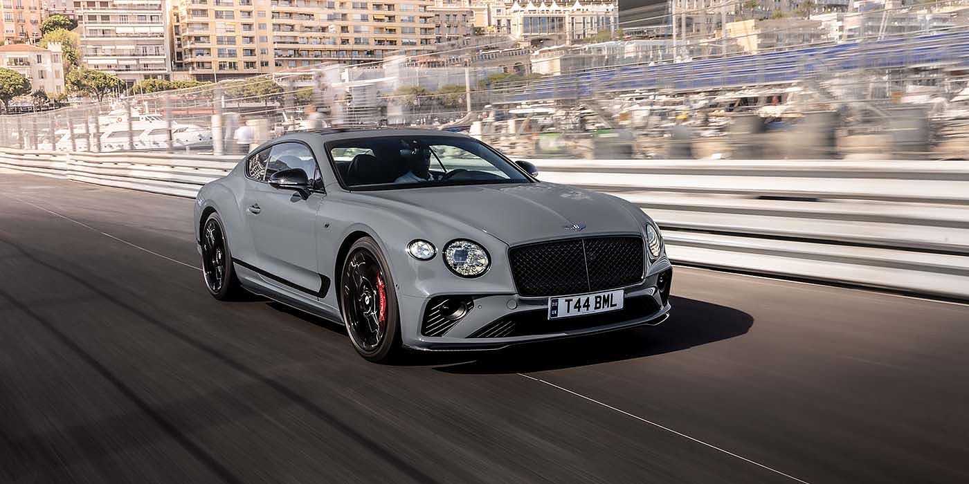 Bentley Newcastle Bentley Continental GT S coupe in Cambrian Grey paint front 34 dynamic driving on track
