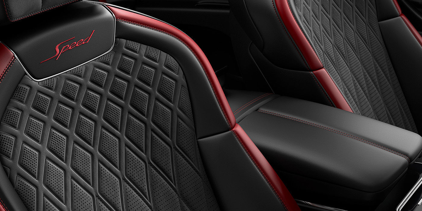 Bentley Newcastle Bentley Flying Spur Speed sedan seat stitching detail in Beluga black and Cricket Ball red hide