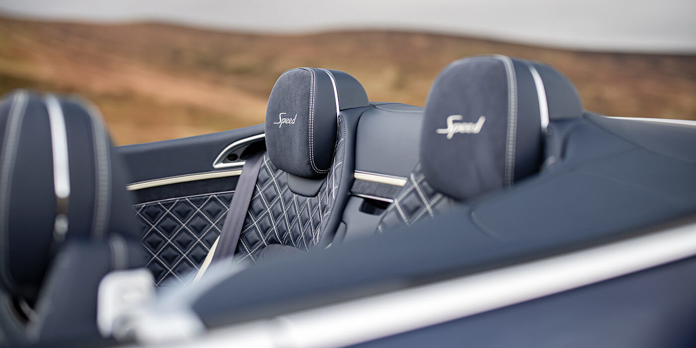 Bentley Newcastle Bentley Continental GTC Speed convertible rear interior in Imperial Blue and Linen hide