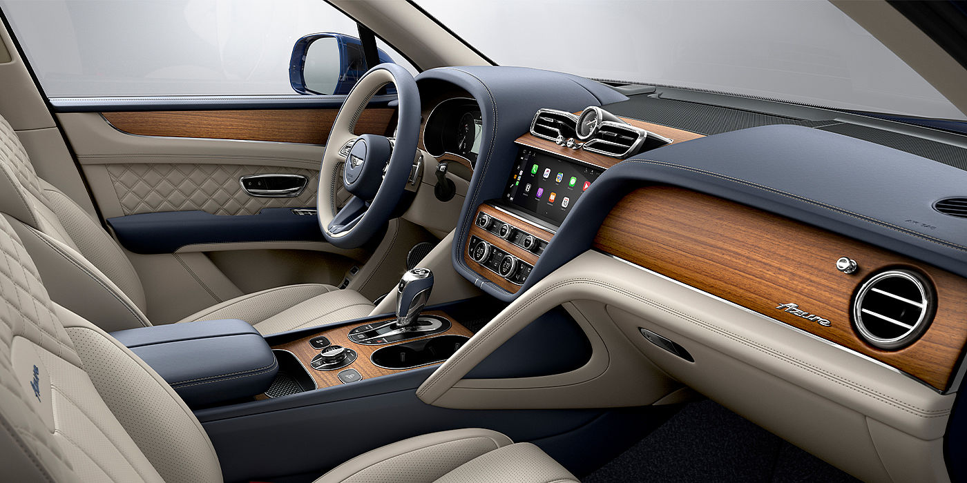 Bentley Newcastle Bentley Bentayga Azure SUV front interior in Imperial Blue and Linen hide