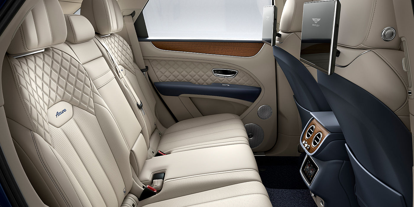 Bentley Newcastle Bentley Bentayga Azure SUV rear interior in Imperial Blue and Linen hide
