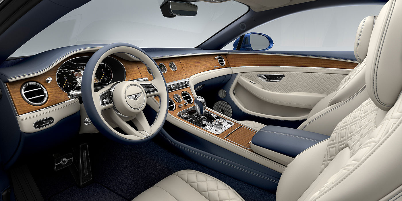 Bentley Newcastle Bentley Continental GT Azure coupe front interior in Imperial Blue and linen hide