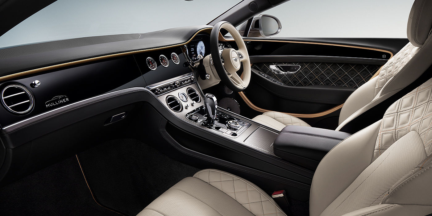 Bentley Newcastle Bentley Continental GT Mulliner coupe front interior in Beluga black and Linen hide