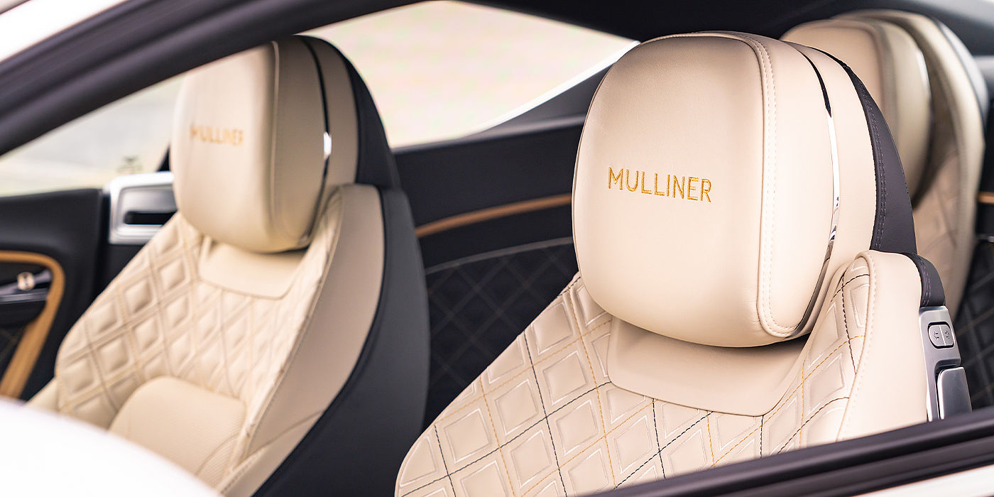 Bentley Newcastle Bentley Continental GT Mulliner coupe seat detail in Beluga black and Linen hide