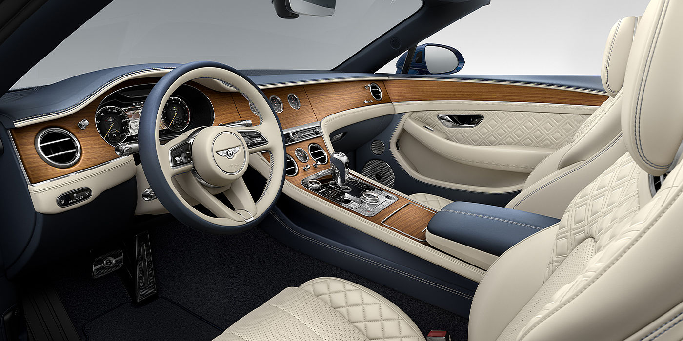 Bentley Newcastle Bentley Continental GTC Azure convertible front interior in Imperial Blue and Linen hide