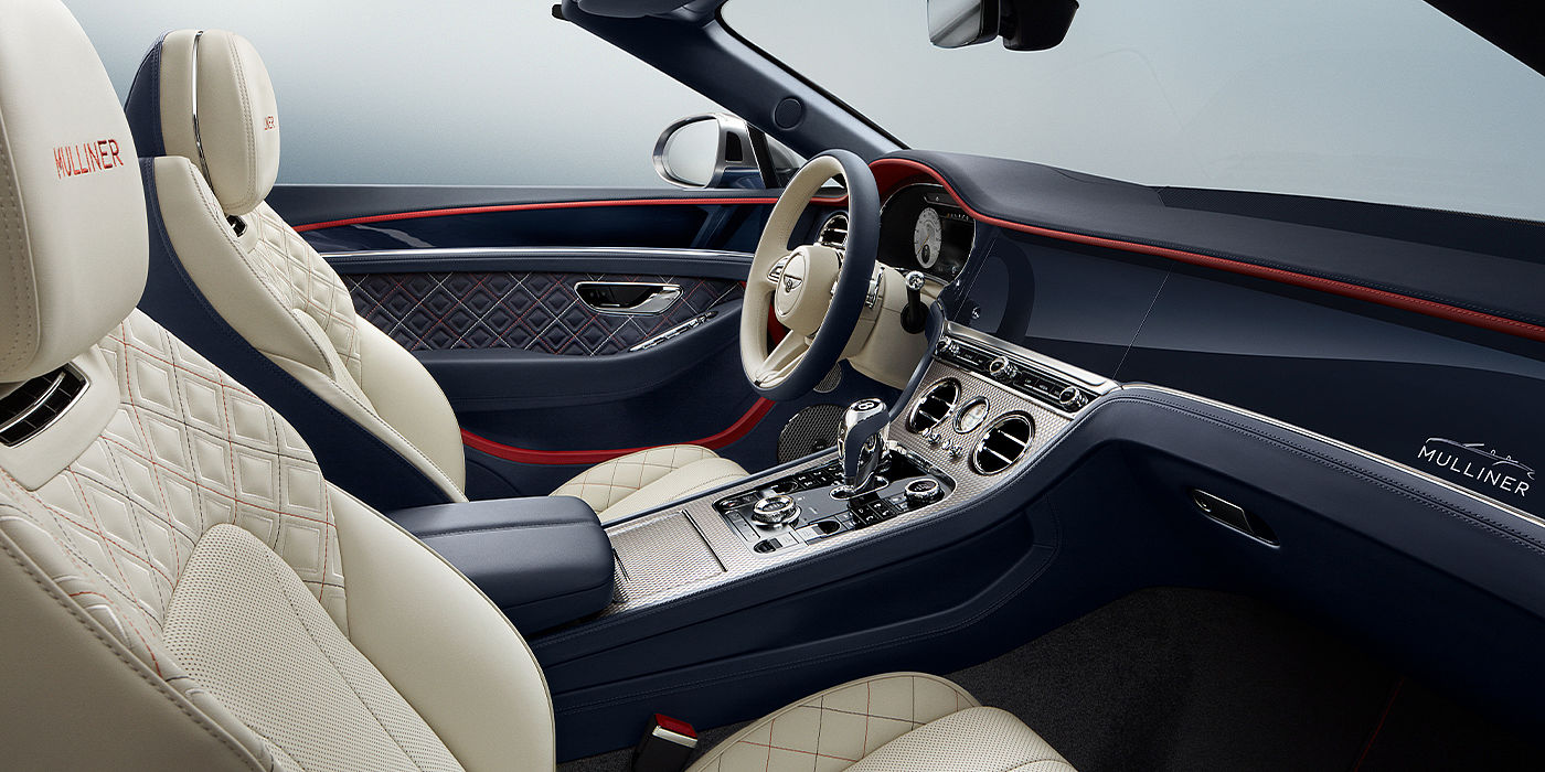 Bentley Newcastle Bentley Continental GTC Mulliner convertible front interior in Imperial Blue and Linen hide